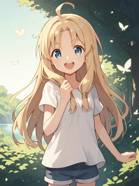 source_anime, score_9, score_8_up, score_7_up, highly detailed, BREAK <lora:last:0.6>,
firo \(tate no yuusha no nariagari\), tate no yuusha no nariagari, cute girl, solo, blonde hair, long hair, blue eyes, ahoge, happy, open mouth, upper teeth only, small breasts, white t-shirt, denim shorts,