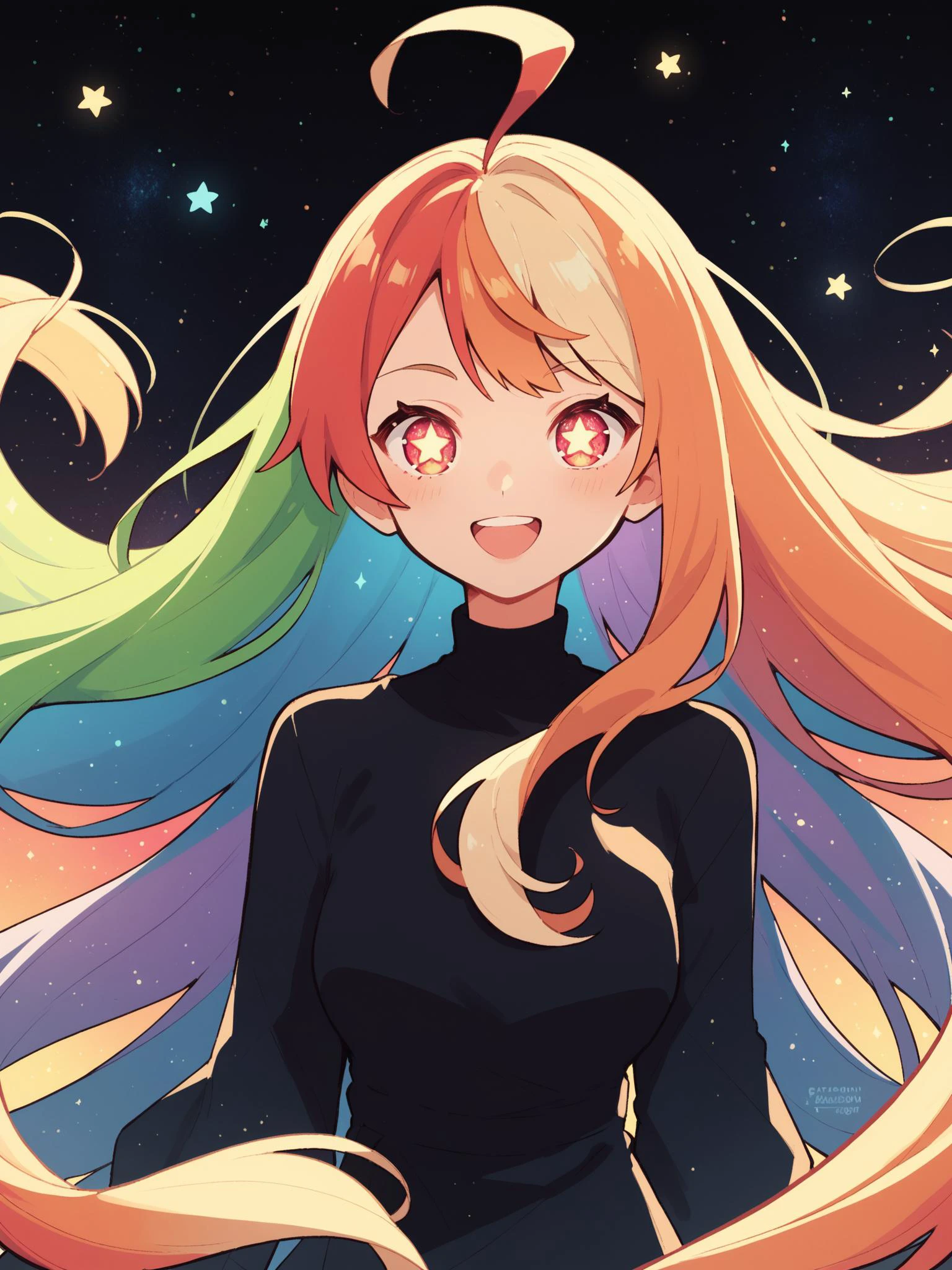 source_anime, score_9, score_8_up, score_7_up, highly detailed, BREAK <lora:last:0.6>,
cute girl, glowing eyes, rainbow hair, streaked hair, black background, galaxy background, glowing hair, multicolored hair, colorful, very long hair, happy,