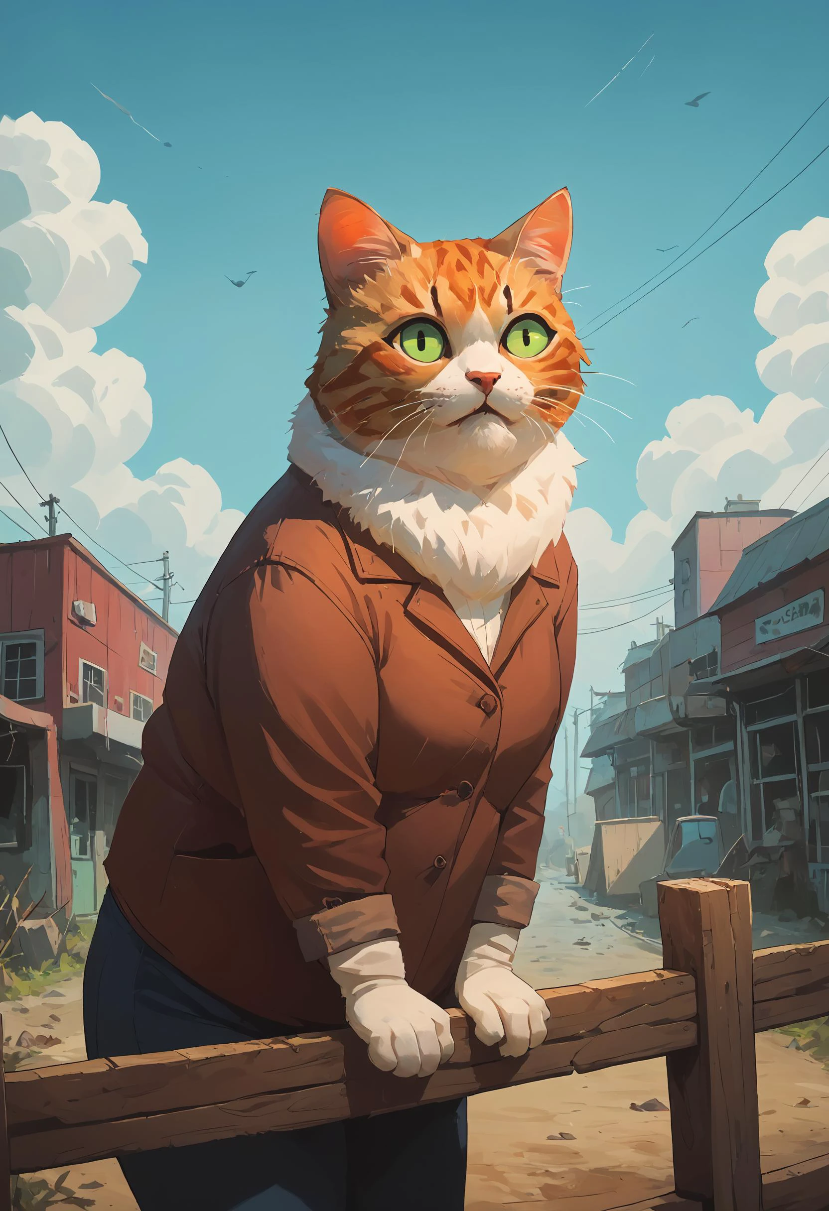 score_9, score_8, score_9_up, (content_sfw:1.1), high quality, high contrast, (realistic:1.2), <lora:Photo 2 Style SDXL_LoRA_Pony Diffusion V6 XL:0.45>, cute, fat cat, walking on a wooden fence, scity skyline, urban wasteland, fur, vibrant color, <lora:cutethings-PonyXL:1>,sunny,daytime,summer, (portrait of a fat cat face, whiskers, cat ears:1.2), <lora:chubby:3>