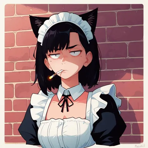 score_8_up, 1girl, fluffy clouds, illustration, <lora:last:1>, simple background, alley, cigarette in mouth, bored, <lora:Expressive_H:0.8>, catgirl, maid, maid headdress, maid apron, black hair, medium hair, upper body, mole under eye, no hands, no human ears