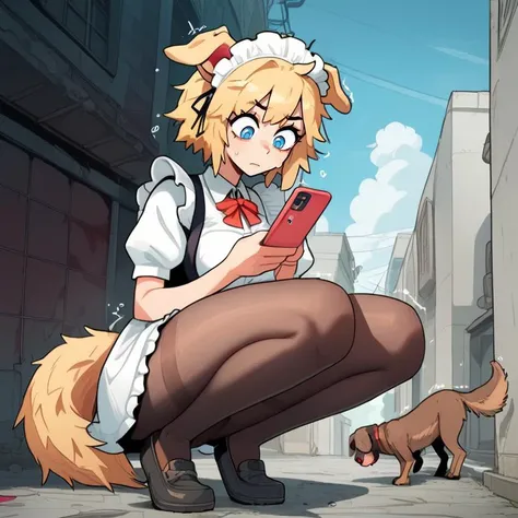 score_8_up, cute dog girl, maid, fluffy clouds, illustration, dog tail, messy blonde hair, alley behind restaurant, <lora:last:1>, squatting, simple background, white outside border, looking down, holding smartphone, looking at smartphone, <lora:Expressive_H:0.8>, panicking, pantyhose, sweatdrop, shoes, maid headdress, maid apron, dog ears, thick thighs, trembling, blue eyes,