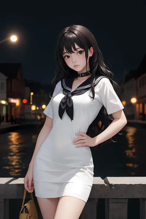 (masterpiece:1.2),(absurdres:1.2),(best quality:1.2),(looking at viewer),
shiny skin,very long hair,bangs,
natural wavy,
bare legs,
cowboy shot,
dress,
outdoors, night,
town,
hand on hip,
black hair, black eyes, (white|black theme), medium breasts,
sad face,
sailor collar,
sitting,