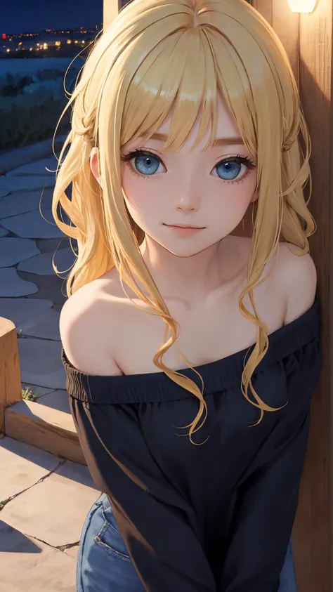 {from above|top view},
(masterpiece),(best quality),
looking at viewer,
long hair, (wavy hair:0.85),
outdoors,
{(blonde hair and blue eyes)|(black hair and black eyes)},
(night:1.2), summer, off shoulder,