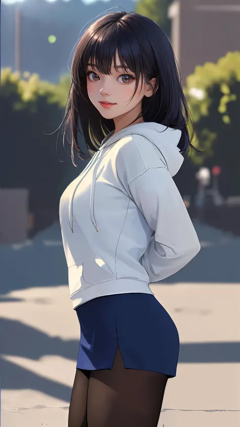 (masterpiece:1.4),(best quality:1.4),(absurdres:1.4),(looking at viewer),(intricate details:1.2), (extremely detailed:1.2), town,
outdoors, (shiny skin:1.2), 1girl, (cinematic lighting), (detailed background:1.2),
bangs, sleek, long hair,
day with sunlight,
happy face,
cowboy shot,
arms behind back,
pantyhose,
hoodie,
navy hair with navy eyes,