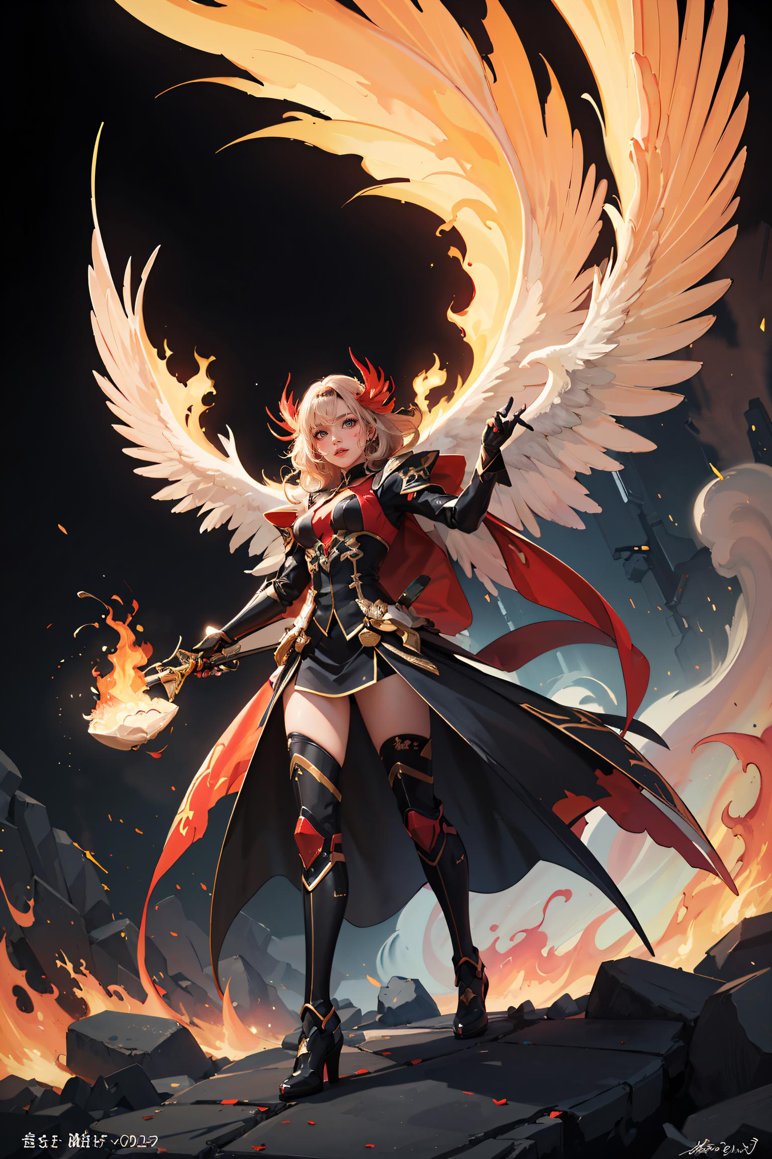 A woman with wings and a sword stands on a rock - SeaArt AI
