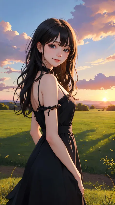 (masterpiece), (best quality), (absurdres), (looking at viewer), (cowboy shot), peaceful face,
sunset, 
country side, outdoors,
long hair, black hair, natural wavy, side bang, fringe, black eyes,
dress, bare legs, standing,