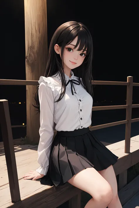 (masterpiece:1.2),(absurdres:1.2),(best quality:1.2),(looking at viewer),
shiny skin,very long hair,bangs,
sleek,
bare legs, 
cowboy shot,
skirt, 
outdoors, night,
town,
arms behind back,
black hair, black eyes, (white|black theme), medium breasts, 
happy face,
frills,
sitting,