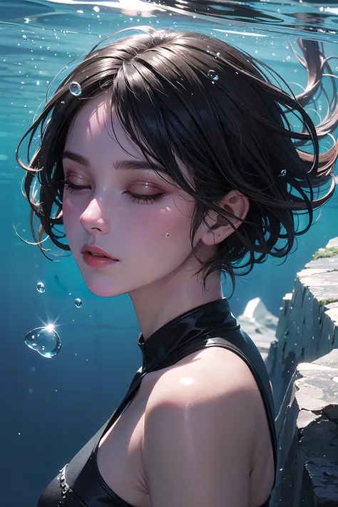 masterpiece, best quality,8k resolution,realistic, 1 girl, depth of field, submerged, eyes closed, floating short hair, blisters, bubbles, seawater, illuminated face, sunlight through seawater, front-back relationship, volumetric light, edge illumination, examples