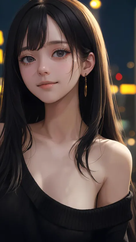 (masterpiece:1.4), (best quality:1.4), (absurdres:1.4), (intricate details:1.2), (extremely detailed:1.2), (depth of field:1.4), (cinematic:1.4), (cinematic lighting:1.1), (looking at viewer:1.1), black theme,
(alive skin), off shoulder, peaceful, v-neck, (black sweater),
(close up:1.1), city, (lady:1.2), bangs, long hair, sleek, (happy face), dark eyes, night,