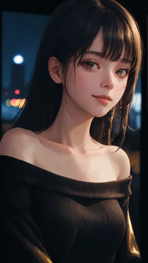 (masterpiece:1.4), (best quality:1.4), (absurdres:1.4), (intricate details:1.2), (extremely detailed:1.2), (depth of field:1.4), (cinematic:1.4), (cinematic lighting:1.1), (looking at viewer:1.1), black theme, 
(alive skin), off shoulder, peaceful, v-neck, (black knit),
(close up:1.1), city, (lady:1.2), bangs, long hair, sleek, (happy face), dark eyes, night,