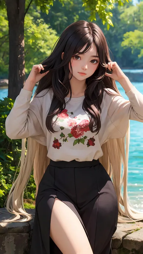 (Long hair with natural waves), (character on front), outdoors, dark hair, dark eyes, lady, masterpiece, best quality, looking at viewer,