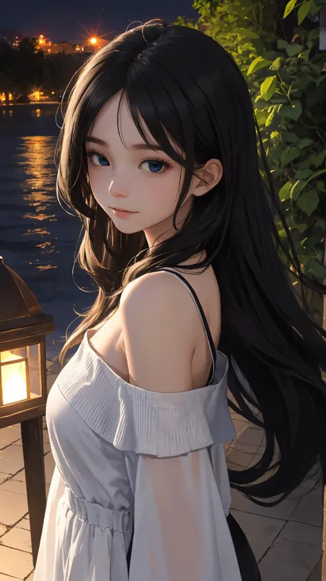 {from above|top view},
(masterpiece),(best quality),
looking at viewer,
long hair, (wavy hair:0.85),
outdoors,
{(blonde hair and blue eyes)|(black hair and black eyes)},
(night:1.2), summer, off shoulder,
