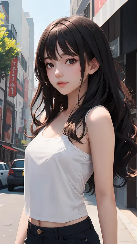 (masterpiece), (best quality), looking at viewer, character on front,
lady, light black eyes, outdoors, fringe, (natural wavy:0.9),
{tight skirt|shorts}, summer, (afterglow), cinematic, 
{street|pup|bar|city|town|park|date},
{Long hair|Shaggy cut|ponytail|pixie cut|top knot|updo|Undercut}, upper body,