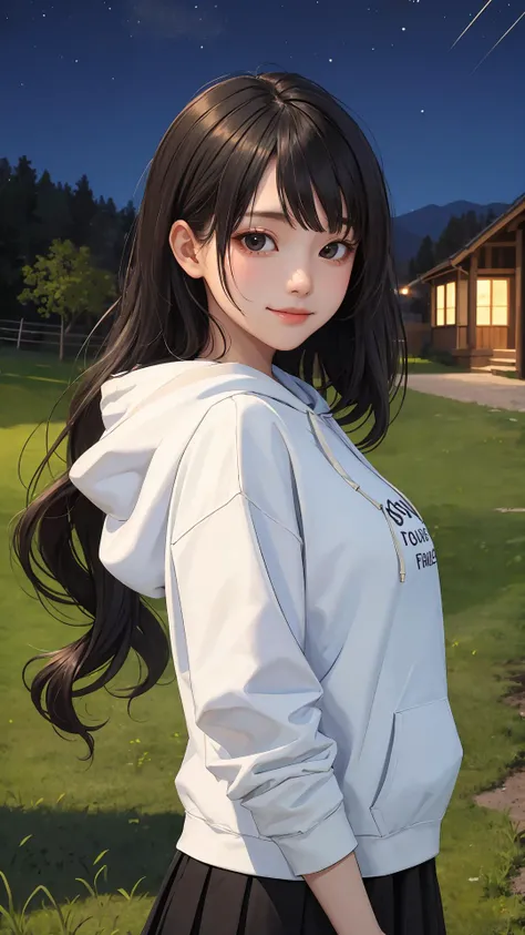 (masterpiece), (best quality), (absurdres), (looking at viewer), (upper body), (happy face:0.7),
night, 
country side, outdoors,
long hair, black hair, natural wavy, side bang, fringe, black eyes,
hoodie with skirt,