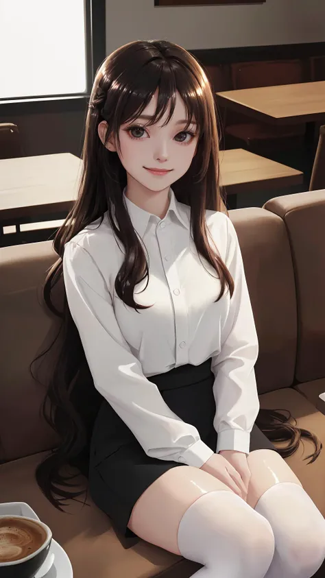 (best quality:1.4), (absurdres:1.4), (looking at viewer:1.2), (cinematic lighting:1.2), (cinematic:1.3), (darkness), shirt, pencil skirt, long sleeves, indoors, cafe, black eyes,
(very long hair), (medium breasts), (pale skin:1.1), (alive skin:1.2), (shiny skin:1.4), (lady), (cowboy shot), sitting on sofa,
brown_thighhighs, no bangs
natural wavy,
smile,
hair ribbon,
(white theme),