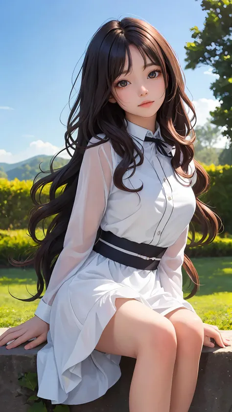 (Long hair with natural waves), (character on front), outdoors, dark hair, dark eyes, lady, masterpiece, best quality, looking at viewer,
day,