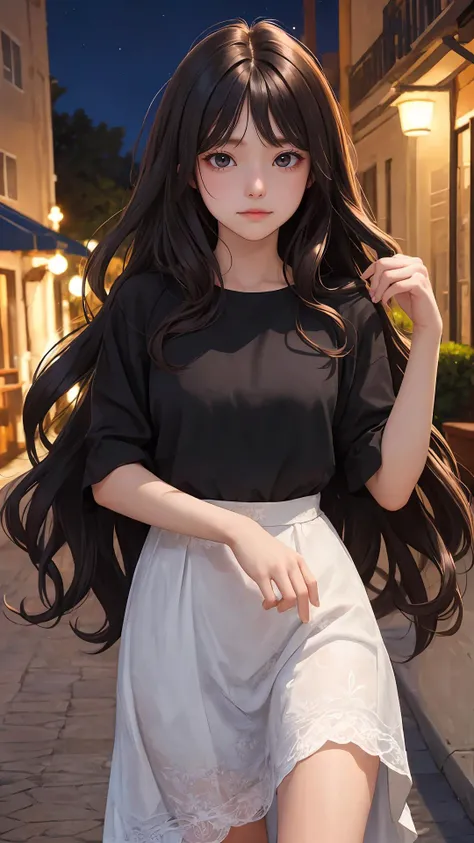 (Long hair with natural waves), (character on front), outdoors, dark hair, dark eyes, lady, masterpiece, best quality, looking at viewer,
night,