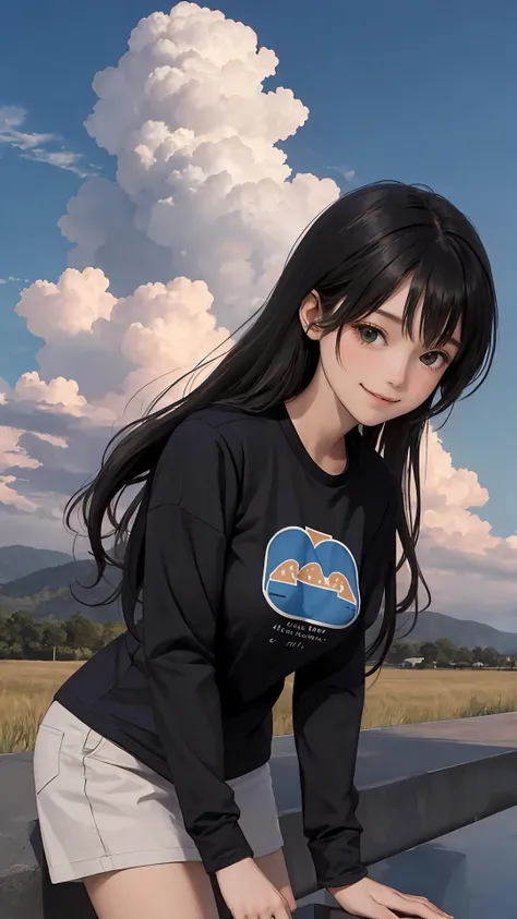 (character on front:1.2), long hair, (wavy hair:0.9), fringe, outdoors, {day|dawn|night},
(upper body:0.7), black clothes, long sleeves, happy, cloudy sky, medium breasts, t-shirt,
