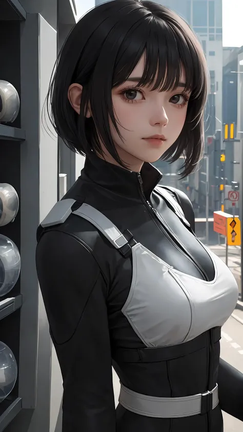(masterpiece), (best quality), looking at viewer, character on front,
lady, light black eyes, outdoors, fringe, (natural wavy:0.9),
cinematic, (science fiction:1.2), 
{Long hair|Shaggy cut|ponytail|pixie cut|top knot|updo|Undercut}, upper body,