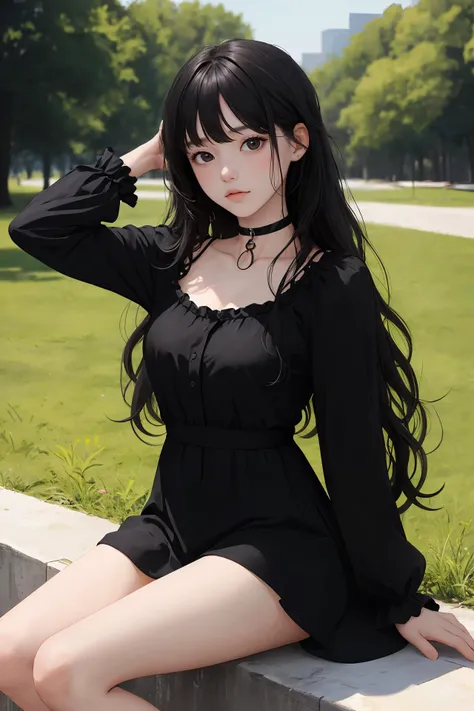 (masterpiece:1.2),(absurdres:1.2),(best quality:1.2),(looking at viewer),
shiny skin,very long hair,bangs,
natural wavy,
bare legs,
cowboy shot,
dress,
outdoors, day,
park,
hand behind head,
black hair, black eyes, (white|black theme), medium breasts,
curious face,
choker,
sitting,