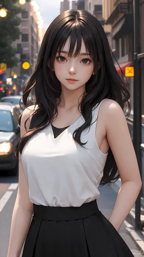 (masterpiece), (best quality), looking at viewer, character on front,
lady, light black eyes, outdoors, fringe, (natural wavy:0.9),
{tight skirt|shorts}, summer, (afterglow), cinematic,
{street|pup|bar|city|town|park|date},
{Long hair|Shaggy cut|ponytail|pixie cut|top knot|updo|Undercut}, upper body,