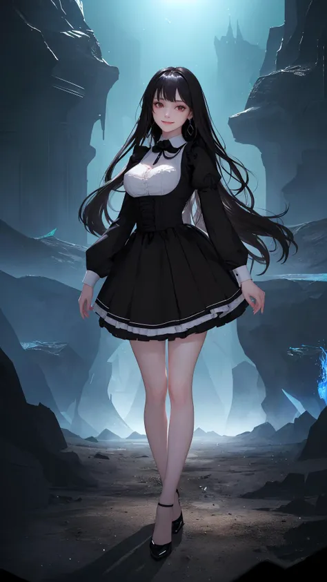 (best quality:1.4), (absurdres:1.4), (looking at viewer:1.2), (cinematic lighting:1.2), (cinematic:1.3), (darkness), (fantasy:1.2), standing, (maid), night,
(very long hair), (medium breasts), (outdoors), (pale skin:1.1), (alive skin:1.2), (shiny skin:1.4), (very long hair), (lady:1.2), (full body),
bare legs, (bangs:1.1)
sleek,
smile,
(tight)_long sleeves,
simple earrings,
(black theme),