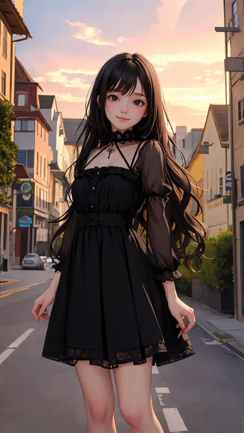 A close up of a woman in a black dress on a street - SeaArt AI
