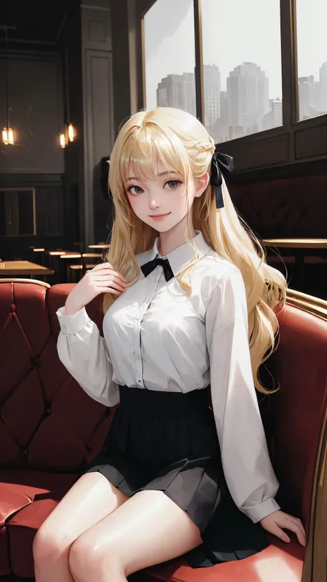 (best quality:1.4), (absurdres:1.4), (looking at viewer:1.2), (cinematic lighting:1.2), (cinematic:1.3), (darkness), long sleeves, indoors, (cafe:1.2), black eyes, skirt,
(very long hair), (medium breasts), (pale skin:1.1), (alive skin:1.2), (shiny skin:1.4), (lady), (cowboy shot), (sitting on sofa:1.1),
bare legs, no bangs
natural wavy,
smile,
hair ribbon,
(white theme),