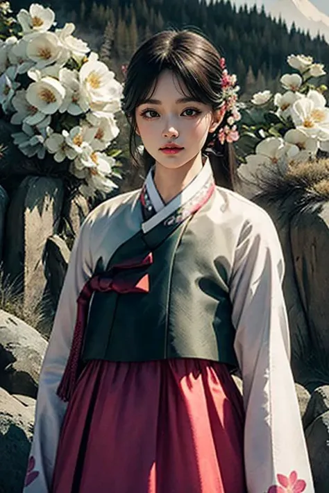 masterpiece,best quality, illustration,beautiful detailed glow, 1 girl, detailed face, <lora:hanbok_w_v10:1>, hanbok, <lora:Ink scenery:1>, scenery, ink, Various flowers,