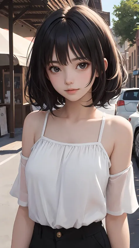 (masterpiece), (best quality), looking at viewer, character on front,
lady, light black eyes, outdoors, fringe, (natural wavy:0.9),
{tight skirt|shorts}, summer, (afterglow), cinematic,
{street|pup|bar|city|town|park|date},
{Long hair|Shaggy cut|ponytail|pixie cut|top knot|updo|Undercut}, upper body,