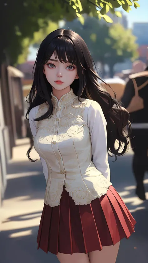 (masterpiece:1.4),(best quality:1.4),(absurdres:1.4),(looking at viewer),(intricate details:1.2), (extremely detailed:1.2), city,
outdoors, (shiny skin:1.2), 1girl, (cinematic lighting), (detailed background:1.2),
bangs, natural wavy, very long hair,
day with sunlight,
sad face,
upper body,
arms behind back,
thigh gap,
skirt,
black hair with dark eyes,