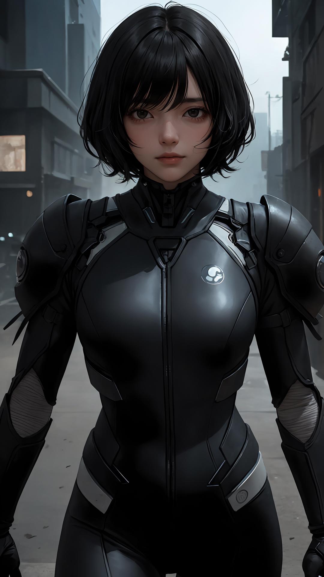 A close up of a woman in a black suit standing on a street - SeaArt AI
