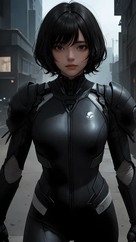 (masterpiece), (best quality), looking at viewer, character on front,
lady, light black eyes, outdoors, fringe, (natural wavy:0.9),
cinematic, (science fiction:1.2), 
{Long hair|Shaggy cut|ponytail|pixie cut|top knot|updo|Undercut}, cowboy shot, (black theme),