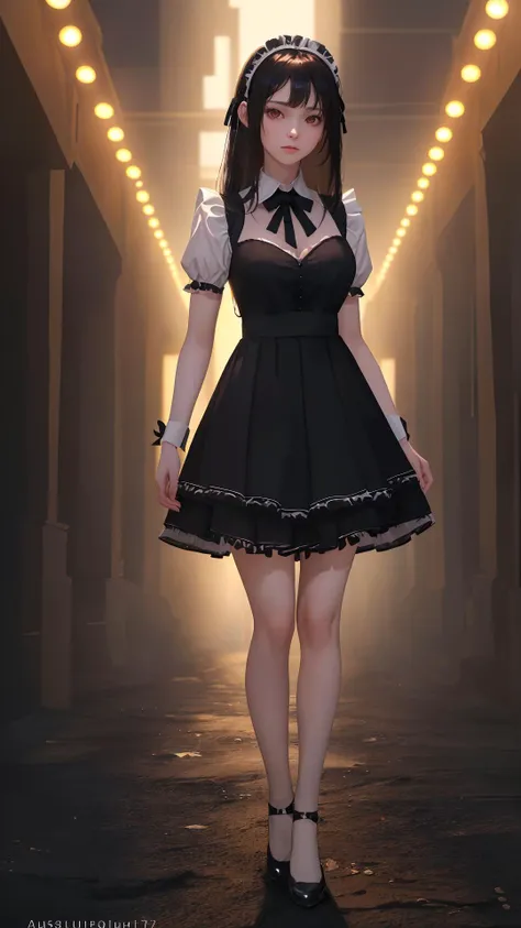 (best quality:1.4), (absurdres:1.4), (looking at viewer:1.2), (cinematic lighting:1.2), (cinematic:1.3), (darkness), (fantasy:1.2), standing, (maid), night,
(very long hair), (medium breasts), (outdoors), (pale skin:1.1), (alive skin:1.2), (shiny skin:1.4), (very long hair), (lady:1.2), (full body),
bare legs, no bangs
sleek,
curious face,
no sleeves,
hair ribbon,
(dark theme),