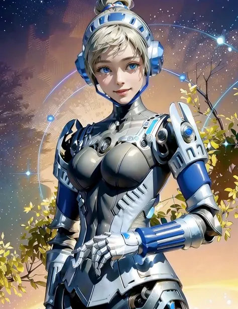 highres, masterpiece, (beautiful face:1.15), detailed CG, detail description of robot, wide shot, HDR, delicate mechanical body, detailed eyes and detailed face, 8k resolution, wide-eyed, reflective sheen, <lora:persona4u_unit024:0.9>, unit024, android, single hairbun, armor, smile, robot ears, latex bodysuit, (robot girl:1.3), 1girl, (glowing armor:1.3), robotic reveal, (robot ears:1.3), no humans, (robot joints:1.3),