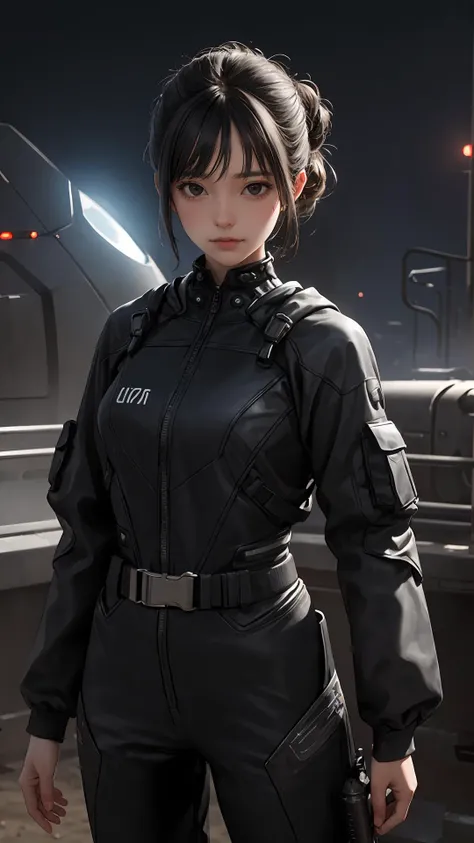 (masterpiece), (best quality), looking at viewer, character on front,
lady, light black eyes, outdoors, fringe, (natural wavy:0.9),
cinematic, (science fiction:1.2), 
{Long hair|Shaggy cut|ponytail|pixie cut|top knot|updo|Undercut}, cowboy shot, (black theme),
