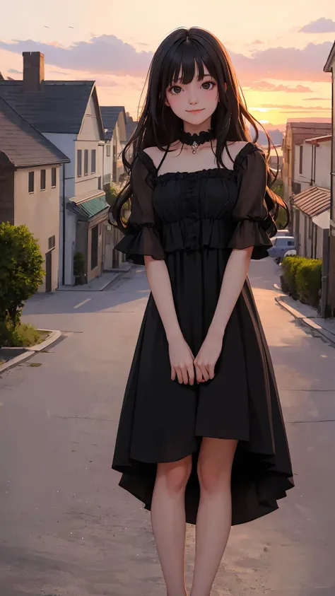 (masterpiece), (best quality), (absurdres), (looking at viewer), (cowboy shot), (happy face:0.7),
sunset,
town, outdoors,
long hair, black hair, natural wavy, side bang, fringe, black eyes,
gothic dress, bare legs, standing,