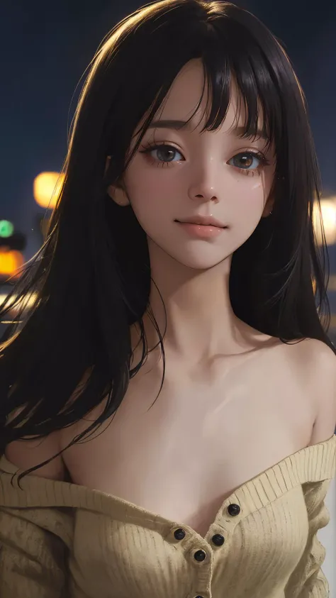 (masterpiece:1.4), (best quality:1.4), (absurdres:1.4), (intricate details:1.2), (extremely detailed:1.2), (depth of field:1.4), (cinematic:1.4), (cinematic lighting:1.1), (looking at viewer:1.1), black theme,
(alive skin), off shoulder, peaceful, v-neck, (black knit),
(close up:1.1), city, (lady:1.2), bangs, long hair, natural wavy, (happy face), dark eyes, night,