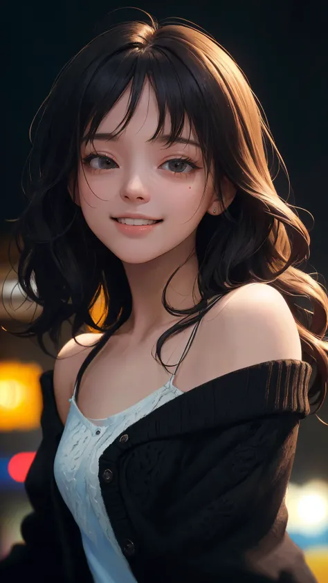 (masterpiece:1.4), (best quality:1.4), (absurdres:1.4), (intricate details:1.2), (extremely detailed:1.2), (depth of field:1.4), (cinematic:1.4), (cinematic lighting:1.1), (looking at viewer:1.1), black theme,
(alive skin), off shoulder, peaceful, v-neck, (black cardigan),
(close up:1.1), city, (lady:1.2), bangs, long hair, natural wavy, (happy face), dark eyes, night,