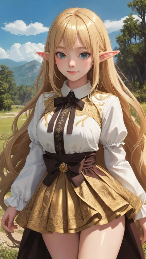 (masterpiece:1.4), (best quality:1.4), (absurdres:1.4), (intricate details:1.2), (extremely detailed:1.2), (character on center), (looking at viewer), (shiny skin:1.4), (classic:1.2), (luxury:1.2), (cinematic:1.2), bangs, (curious face), 
(very long hair), (natural wavy), happy face, cowboy shot, bare legs, river, cliff, night, skirt,
elf, blonde hair, cotton clothes, natrue, 1huge tree, outdoors, grassfield, medium breasts, long sleeves,