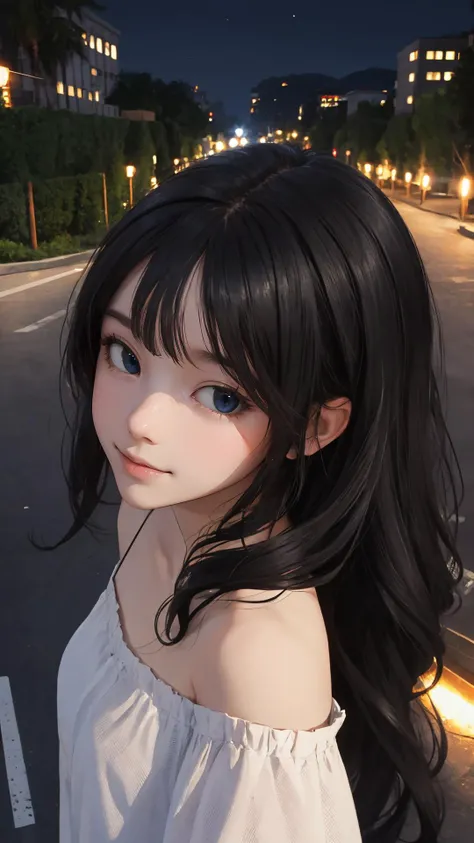 {from above|top view},
(masterpiece),(best quality),
looking at viewer,
long hair, (wavy hair:0.85),
outdoors,
{(blonde hair and blue eyes)|(black hair and black eyes)},
(night:1.2), summer, off shoulder,