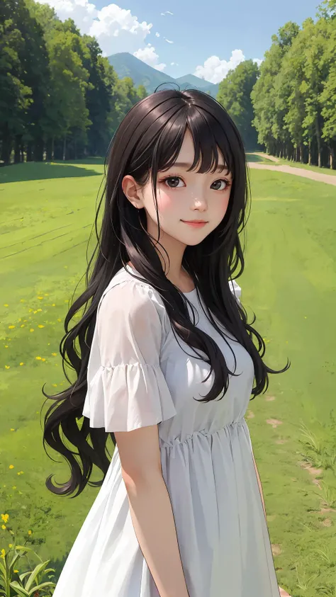 (masterpiece), (best quality), (absurdres), (looking at viewer), (upper body), (happy face:0.7),
day, 
country side, outdoors,
long hair, black hair, natural wavy, side bang, fringe, black eyes,
dress,