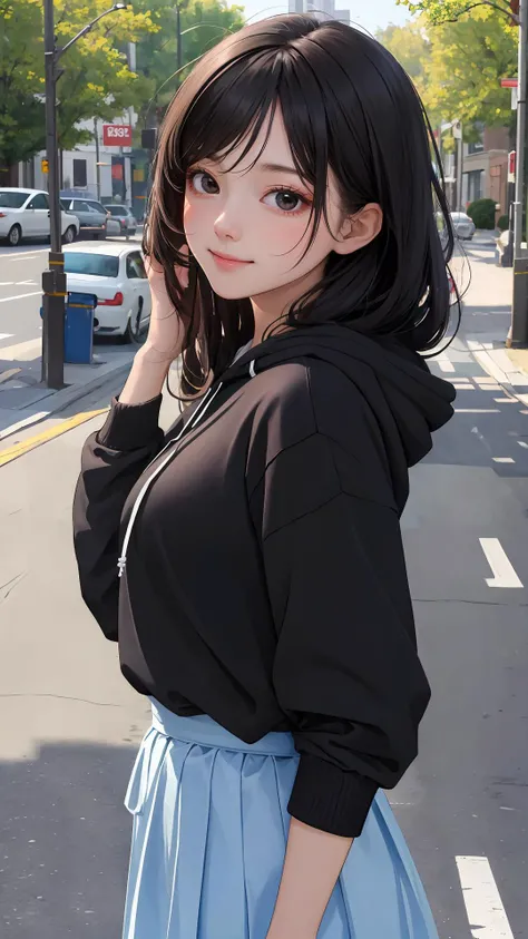 (masterpiece), (best quality), (absurdres), (looking at viewer), (upper body), (happy face:0.7),
day, 
town, outdoors,
long hair, black hair, natural wavy, side bang, fringe, black eyes,
hoodie with skirt,