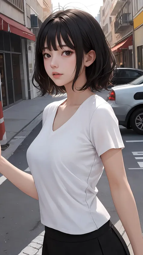 (((Highly detailed CG unit 8k wallpaper:1.2, masterpiece, High resolution:1.2, highest quality:1.2, table top))), ((very beautiful woman, My underwear is visible through my thin white T-shirt:1.8)), ((highly detailed face, Highly detailed black eyes, extra detailed body, highest qualityのリアルテクスチャスキン)), (black haired:1.2, short bob hair:1.2, long haired person, white skin, smile), ((Alley without people, Mileland, surrounded by a brick wall:1.2)), (high angle:1.2, close, Fisheye:1.4), surreal, digital paint,