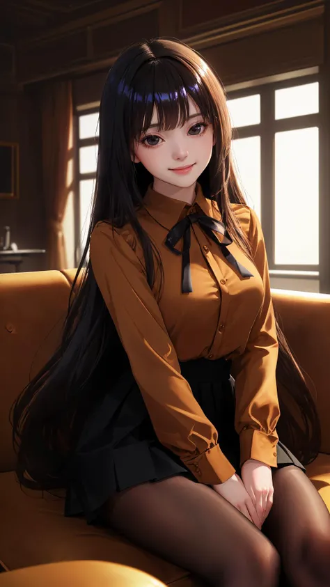 (best quality:1.4), (absurdres:1.4), (looking at viewer:1.2), (cinematic lighting:1.2), (cinematic:1.3), (darkness), long sleeves, indoors, (cafe:1.2), black eyes, skirt,
(very long hair), (medium breasts), (pale skin:1.1), (alive skin:1.2), (shiny skin:1.4), (lady), (cowboy shot), (sitting on sofa:1.1),
bare legs, (bangs:1.1)
sleek,
curious face,
simple earrings,
(red theme),
