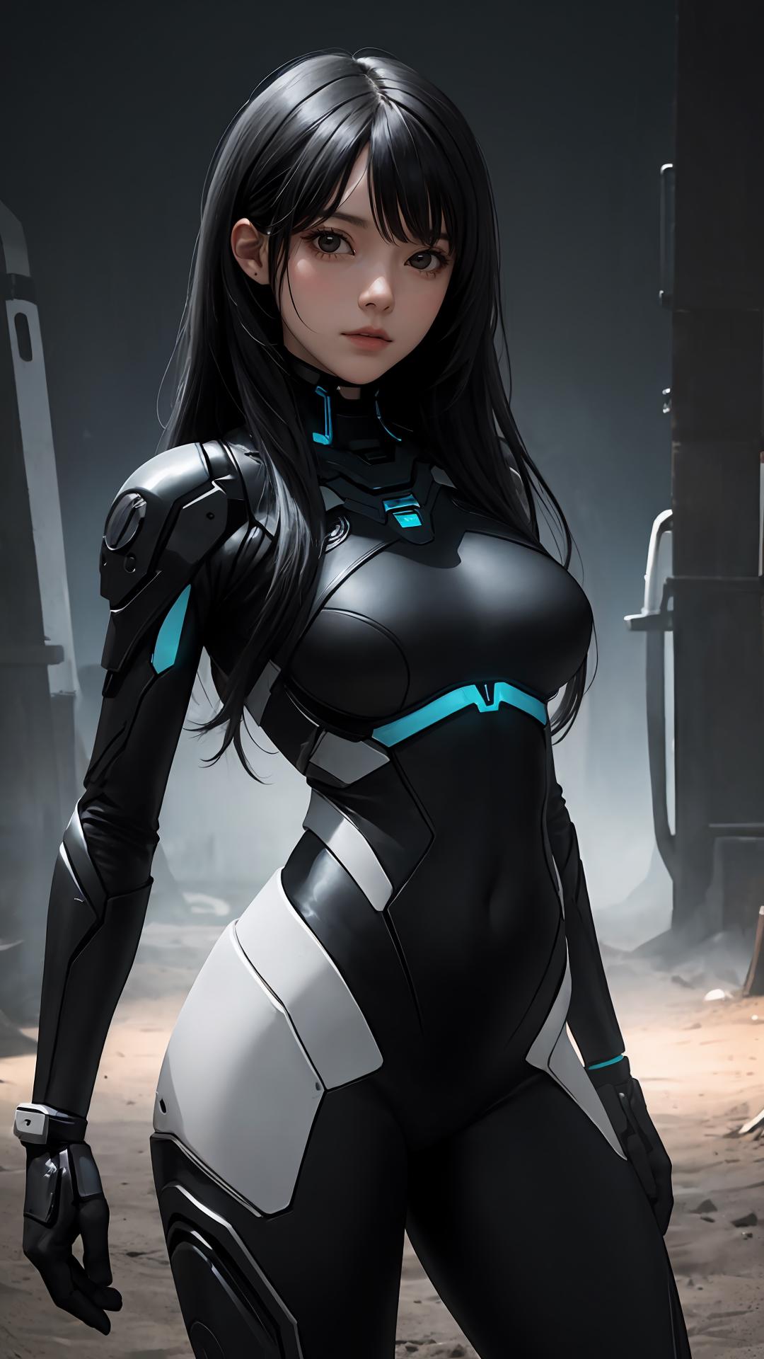 A woman in a futuristic suit standing in a dark room - SeaArt AI