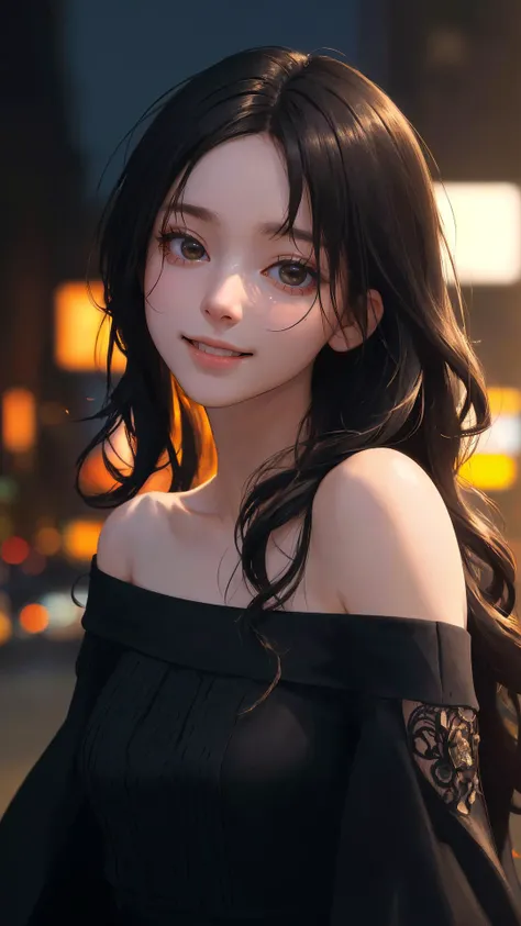 (masterpiece:1.4), (best quality:1.4), (absurdres:1.4), (intricate details:1.2), (extremely detailed:1.2), (depth of field:1.4), (cinematic:1.4), (cinematic lighting:1.1), (looking at viewer:1.1), black theme,
(alive skin), off shoulder, peaceful, v-neck,
(close up:1.1), city, (lady:1.2), bangs, long hair, natural wavy, (happy face), dark eyes, night,