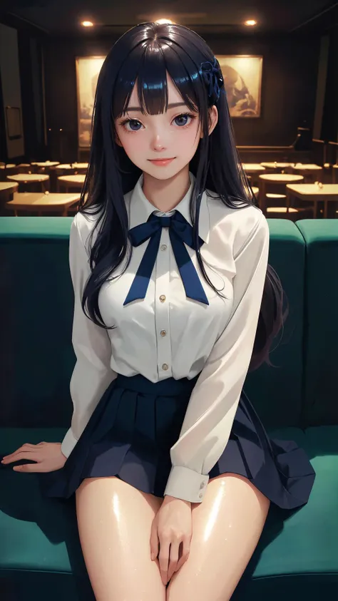 (best quality:1.4), (absurdres:1.4), (looking at viewer:1.2), (cinematic lighting:1.2), (cinematic:1.3), (darkness), long sleeves, indoors, cafe, black eyes, skirt,
(very long hair), (medium breasts), (pale skin:1.1), (alive skin:1.2), (shiny skin:1.4), (lady), (cowboy shot), (sitting on sofa:1.1),
bare legs, (bangs:1.1)
(natural wavy:0.8),
happy face,
ribbon,
(navy theme),