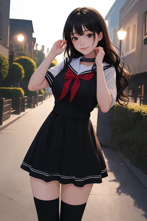 (masterpiece:1.2),(absurdres:1.2),(best quality:1.2),(looking at viewer),
shiny skin,very long hair,bangs,
natural wavy,
thighhighs,
cowboy shot,
dress,
outdoors, night,
park,
hands behind hand,
black hair, black eyes, (white|black theme), medium breasts,
happy face,
sailor collar,
standing,