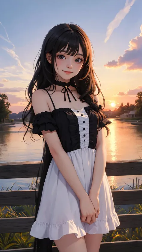 (masterpiece), (best quality), (absurdres), (looking at viewer), (cowboy shot), (happy face:0.7),
sunset,
town, outdoors,
long hair, black hair, natural wavy, side bang, fringe, black eyes,
gothic, dress,